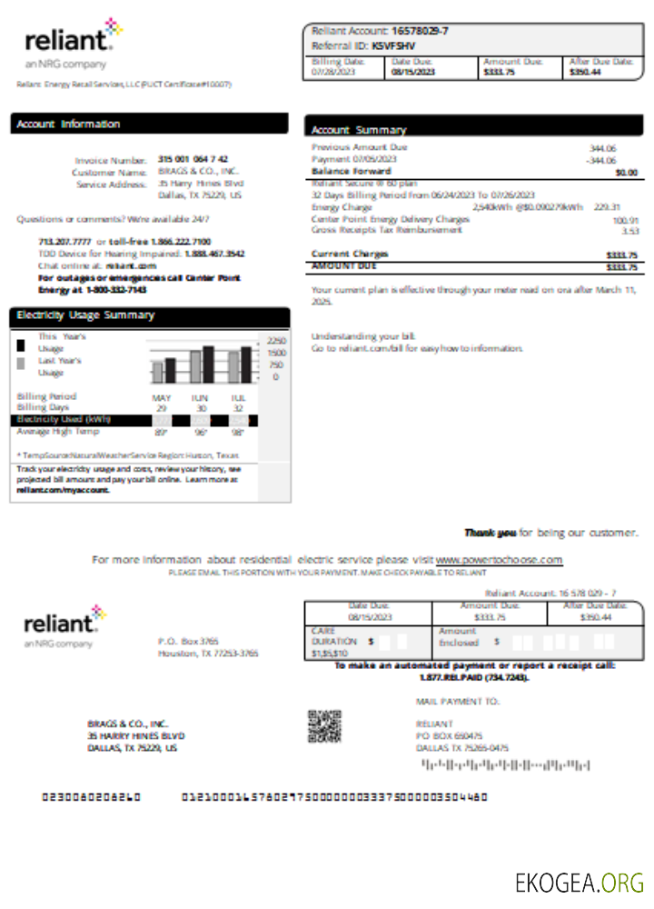 Facture commerciale du service public de Reliant Energy, SCR